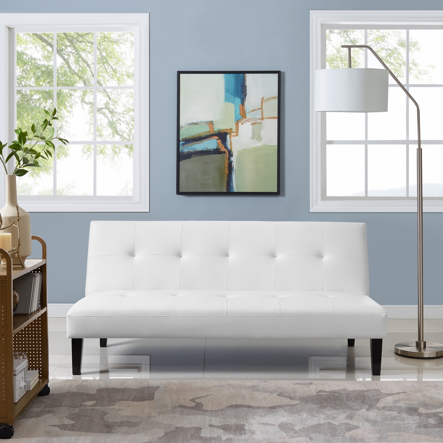 Button Tufted Futon Sofa Bed, Faux Leather Futon Couch, Modern Convertible Folding Sofa Bed Couch with Wooden Legs White